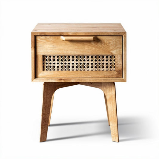 Table de chevet en bois avec tiroir et façade en rotin 50 x 40 x 50cm