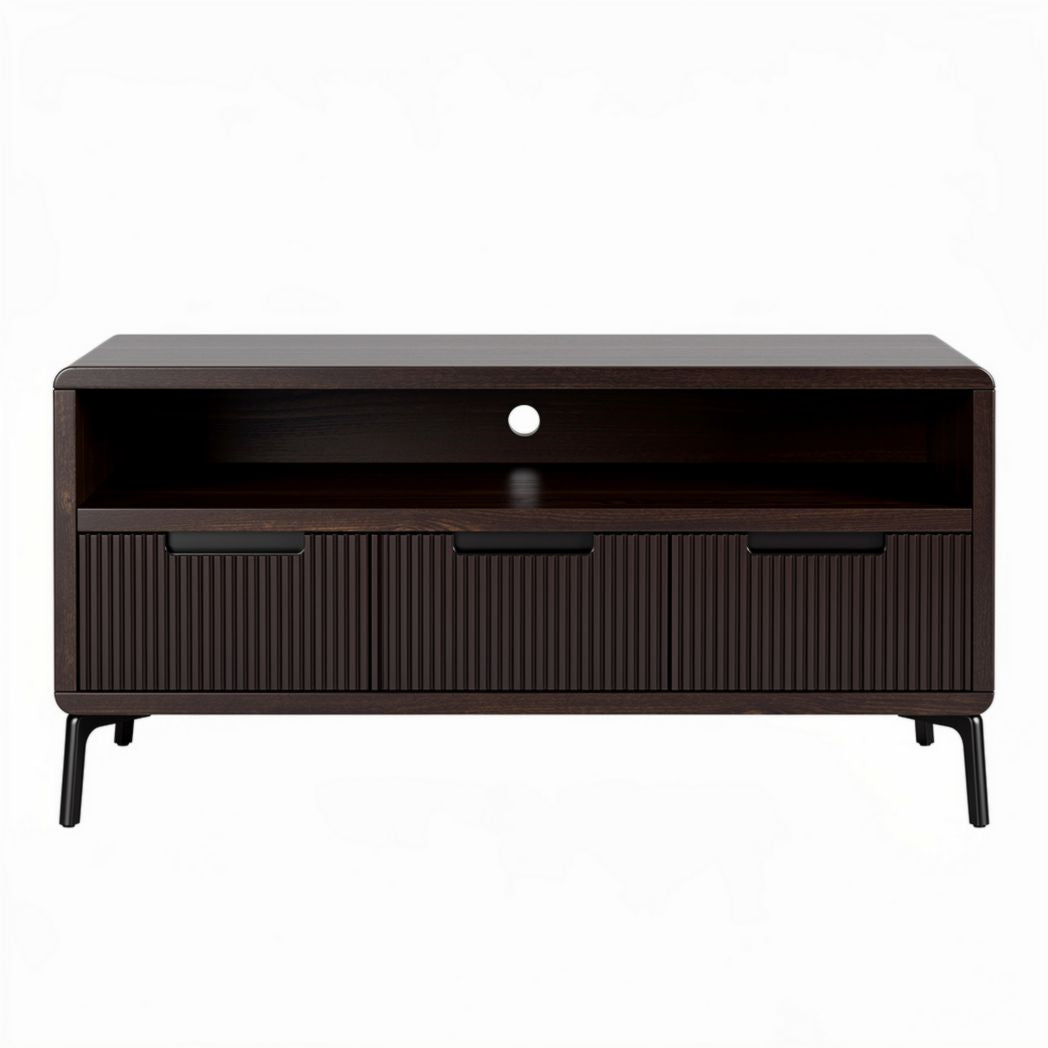 Meuble TV en bois noir avec trois tiroirs et une étagère ouverte 120 x 50 x 40cm