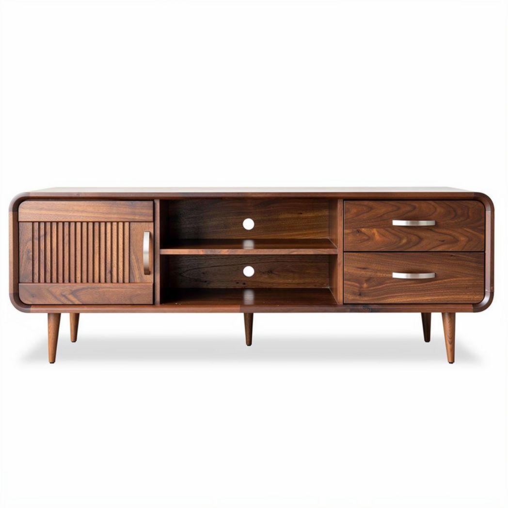 Meuble de télévision en bois massif couleur noyer 150 x 40 x 50cm avec tiroirs et porte.