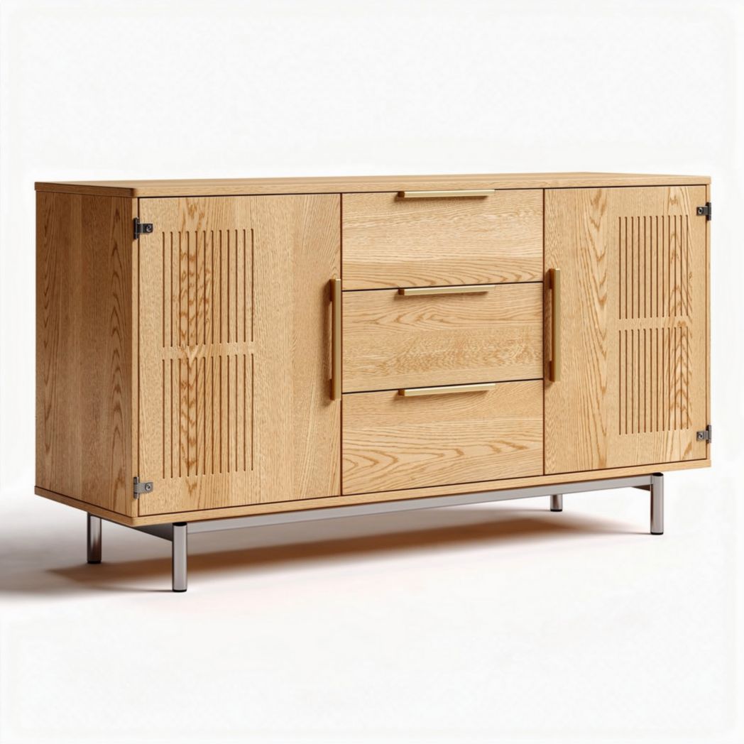 Buffet en bois d'acacia 120 x 40 x 75 cm avec tiroirs et portes en verre