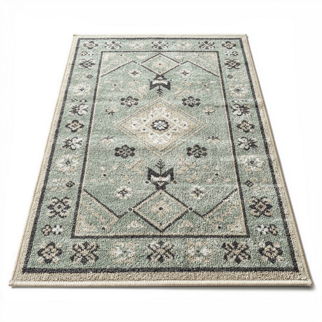 Tapis rectangulaire en coton 120 x 180 x 1cm motifs géométriques verts et noirs