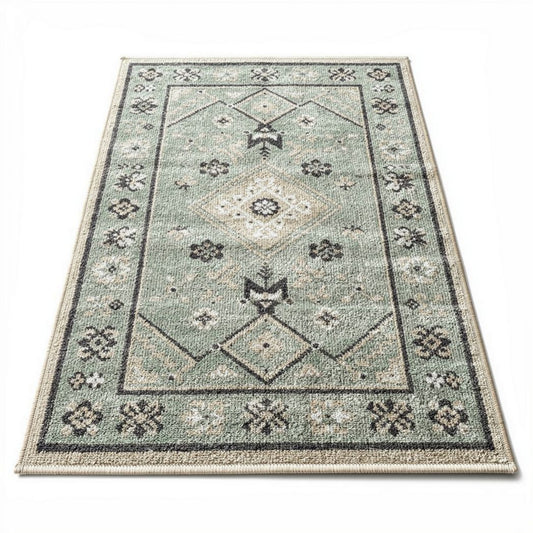 Tapis rectangulaire en coton 120 x 180 x 1cm motifs géométriques verts et noirs